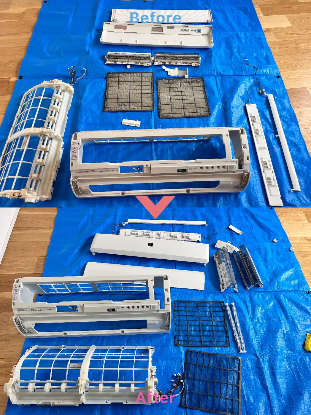 分解したエアコン部品のビフォーアフター